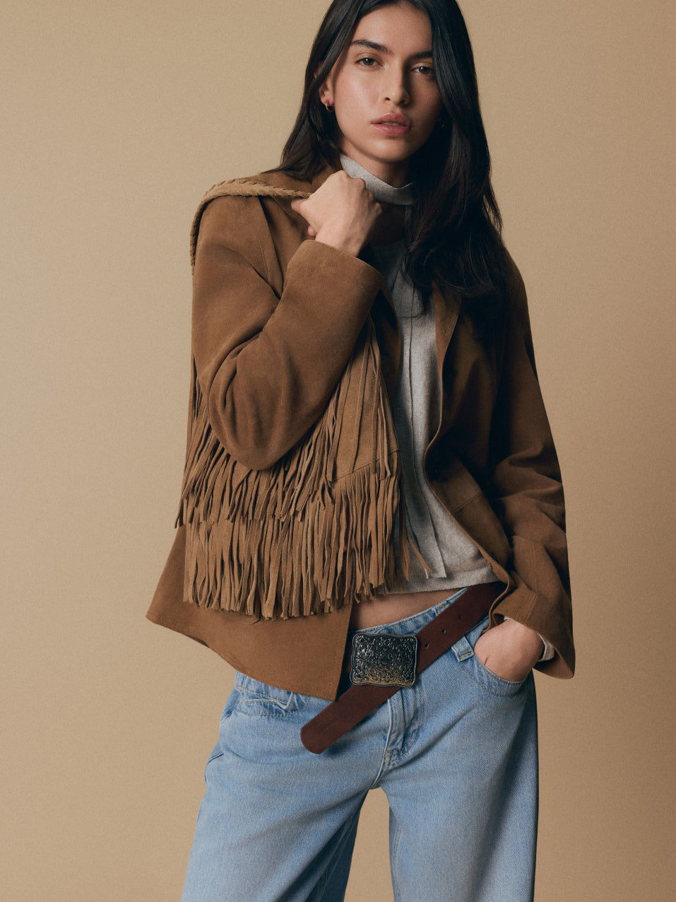 Casual Brown Suede Jacket with Fringed Bag Casual Brown Suede Jacket with Fringed Bag β Chocolate Brown Outfits