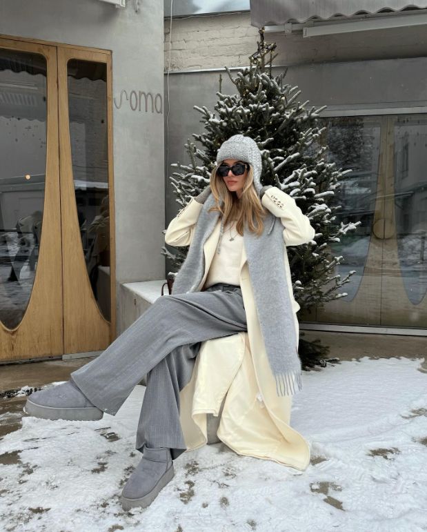 Cream Long Coat with Grey Pinstripe Trousers and Beanie — January Outfits