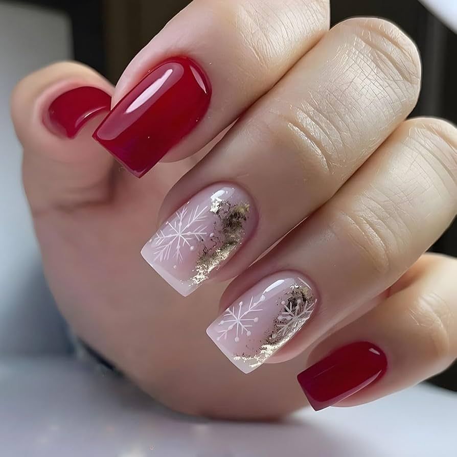 Short Square Red with Gold Foil Snowflakes Short Square Red with Gold Foil Snowflakes β Red and Gold Christmas Nails 2026