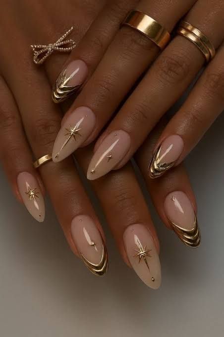Gold Stars and Rhinestone French Stilettos Gold Stars and Rhinestone French Stilettos β New Years French Tip Nails 2027
