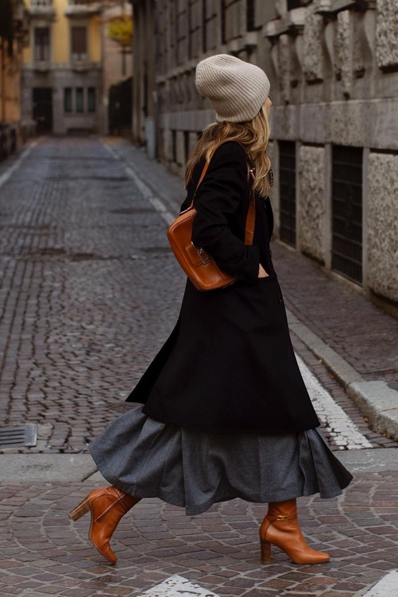 Long Black Coat Over a Voluminous Layered Skirt — Late Winter Outfits