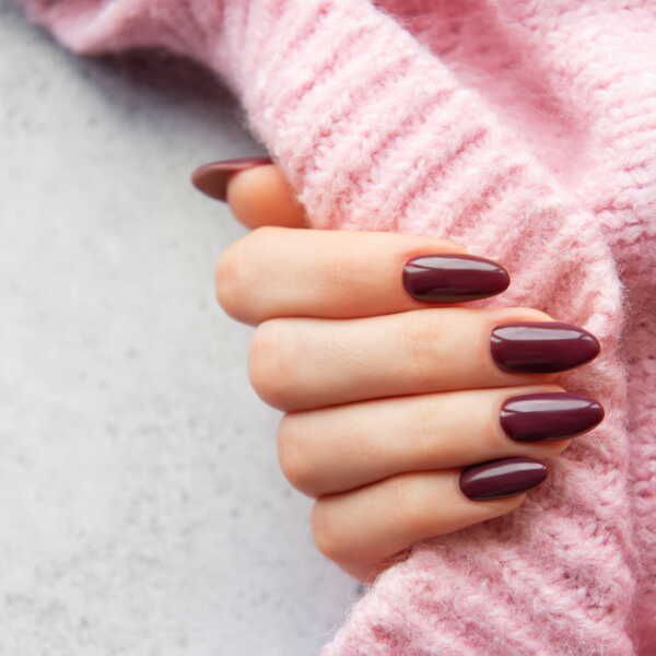 Deep Muted Berry Red Glossy Oval Nails Deep Muted Berry Red Glossy Oval Nails β Winter Work Nails