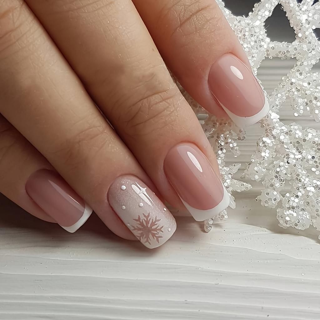 Nude French With Subtle Light Brown Snowflake Nude French With Subtle Light Brown Snowflake β Snowflake Nails