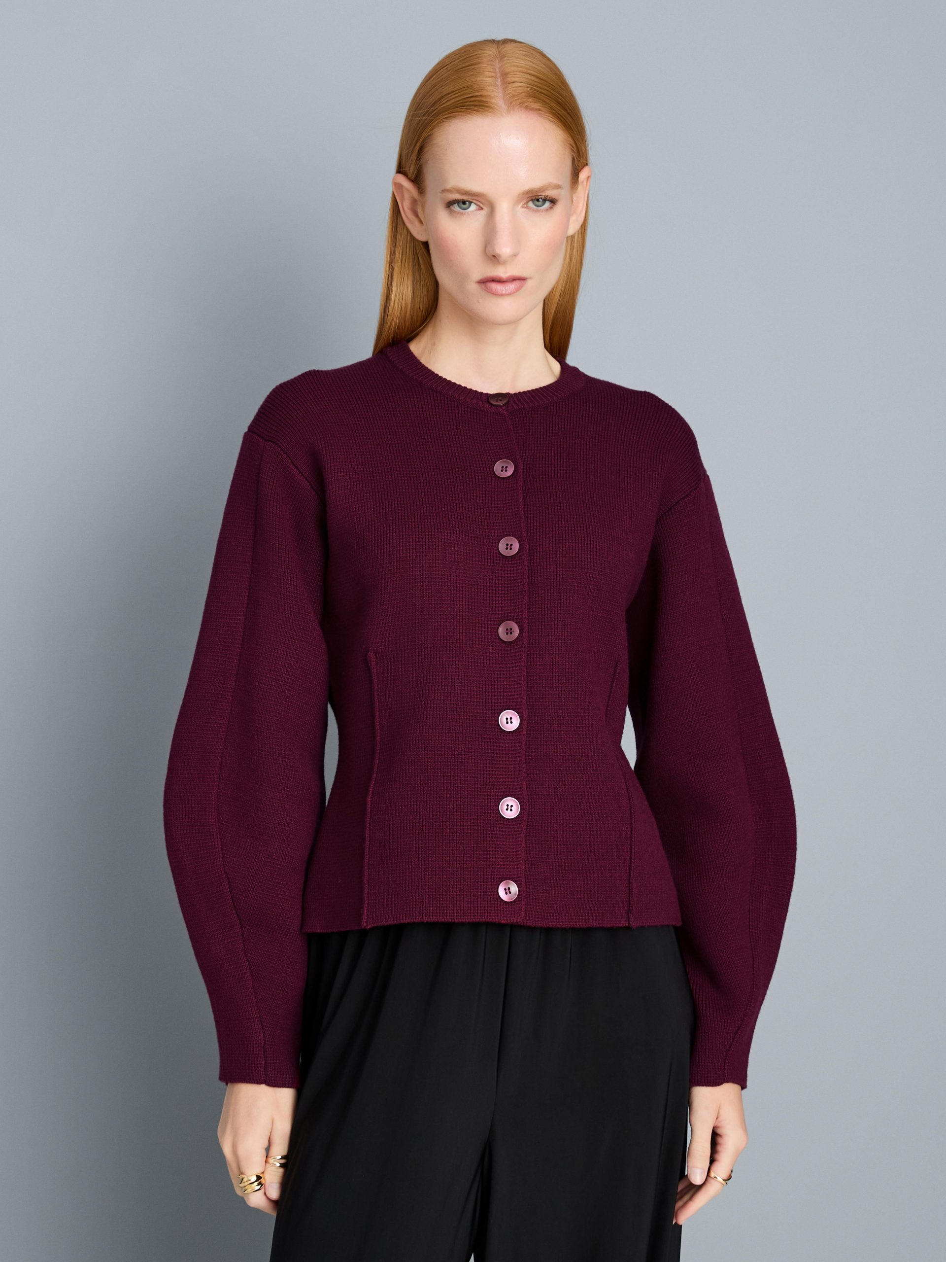 Burgundy Knitted Cardigan with Black Wide-Leg Trousers Burgundy Knitted Cardigan with Black Wide-Leg Trousers β Burgundy Outfits