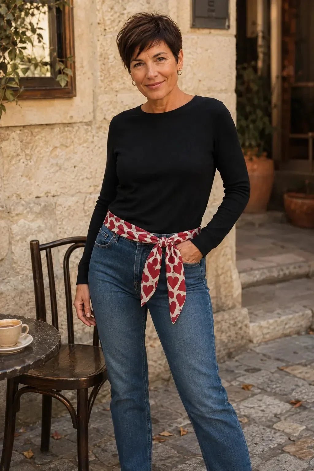 Heart Print Scarf as a Waist Accent with Jeans Heart Print Scarf as a Waist Accent with Jeans β Scarf Outfits