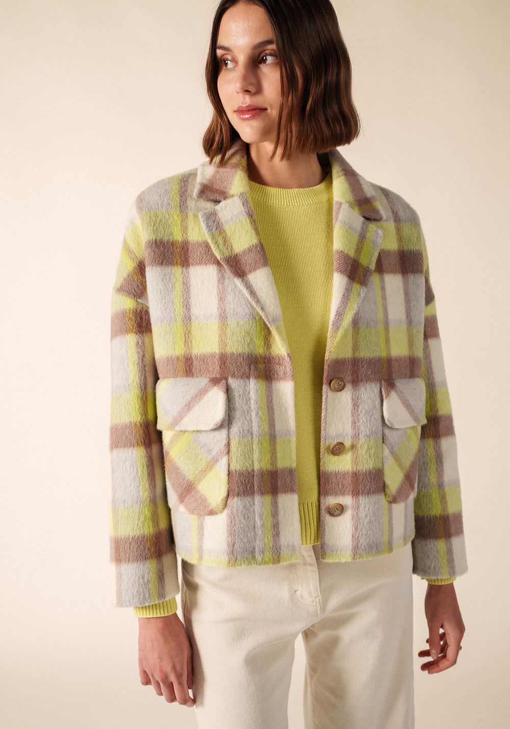 Cropped Plaid Jacket Over Bright Yellow Knit — Europe Winter Outfits