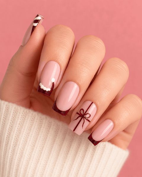 Subtle Red Bow on Pale Pink Square Nails Subtle Red Bow on Pale Pink Square Nails β Winter Bow Nails