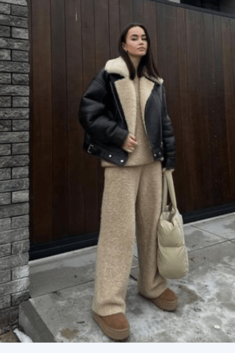 Shearling Jacket Over Beige Knit Set with Brown Platform Slippers Shearling Jacket Over Beige Knit Set with Brown Platform Slippers β Ugg Slippers Outfits
