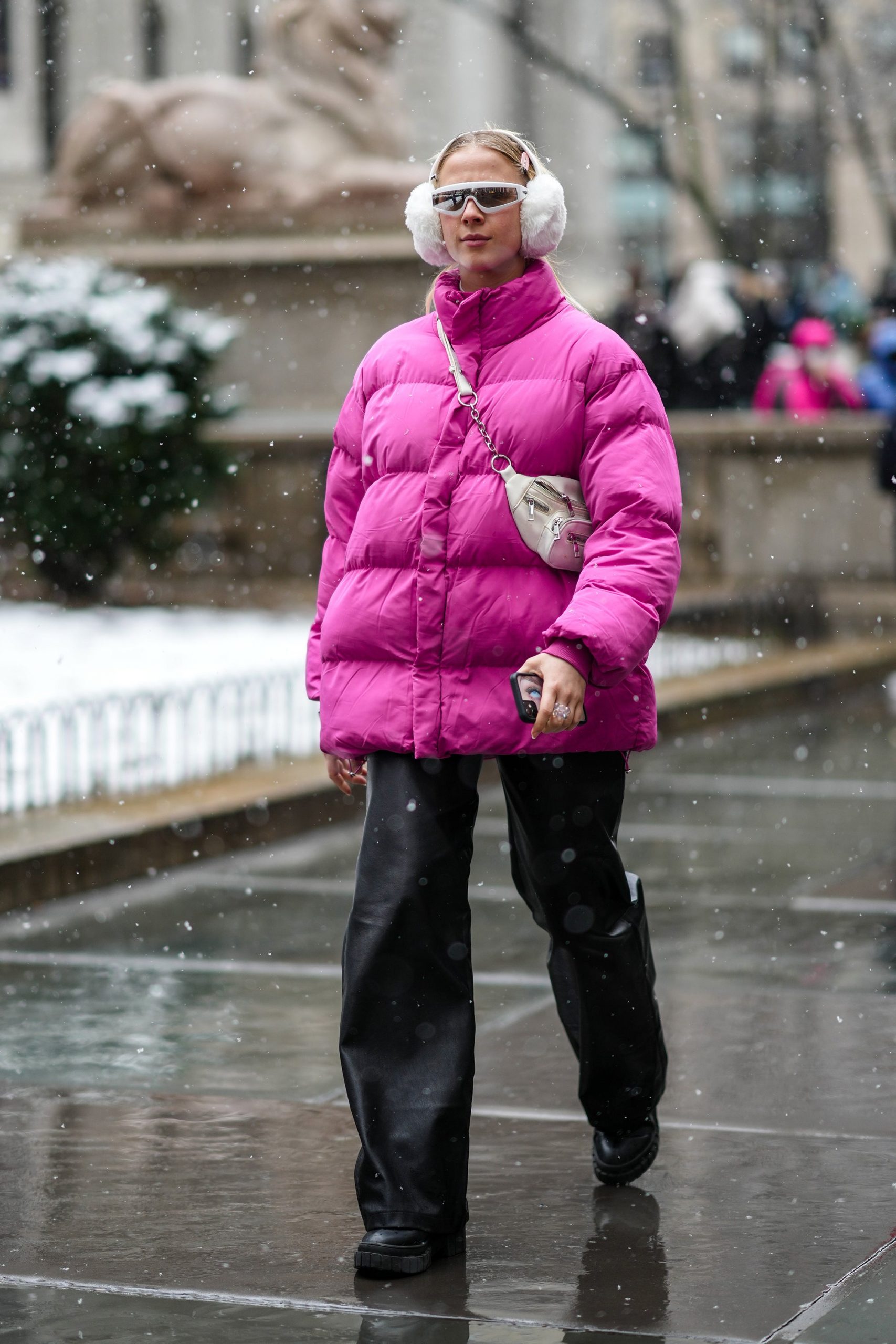 Vibrant Pink Puffer Jacket with Wide-Leg Pants for Bold Street Style — NYC Winter Outfits