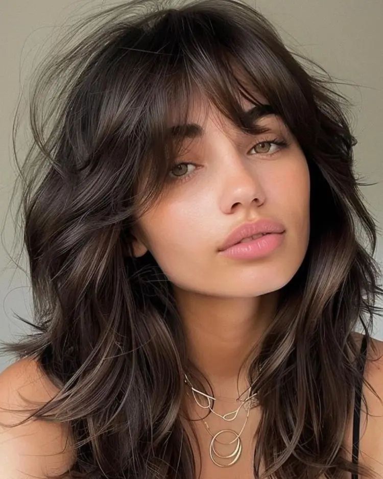 Collarbone Layered Lob With Wispy Bangs Collarbone Layered Lob With Wispy Bangs β Winter Haircuts for Women