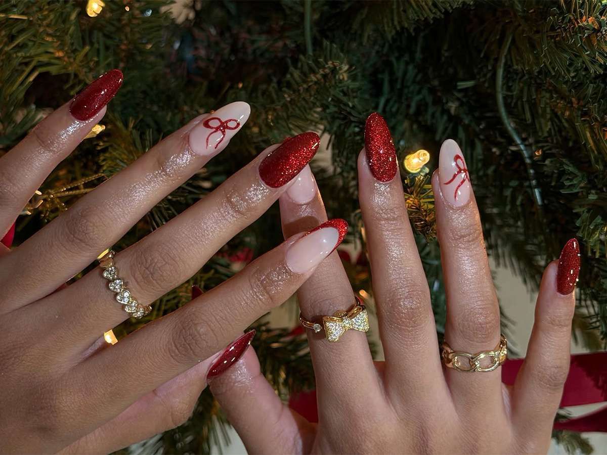 Red Glitter and Bow Long Almond Nails — Cute Christmas Nails 2026