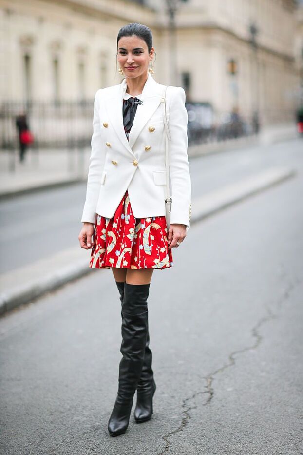 Pointed-Toe Boots with a Printed Skirt and Blazer — Over the Knee Boots Outfits