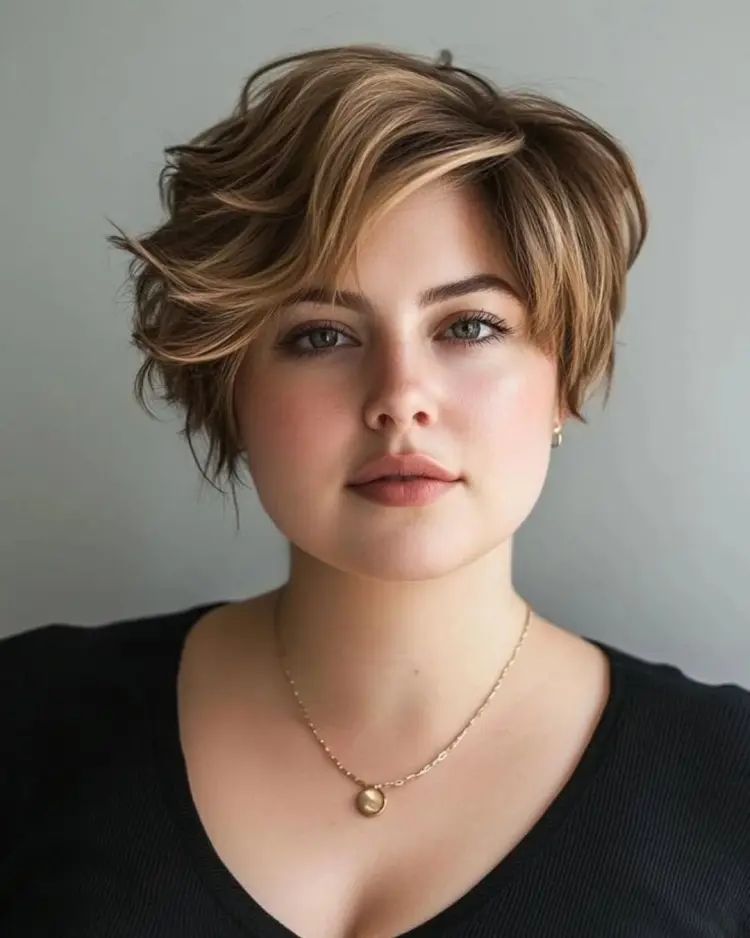 Thick Wavy Pixie Shag With Highlights Thick Wavy Pixie Shag With Highlights β Winter Hair Colors for Plus Size Women