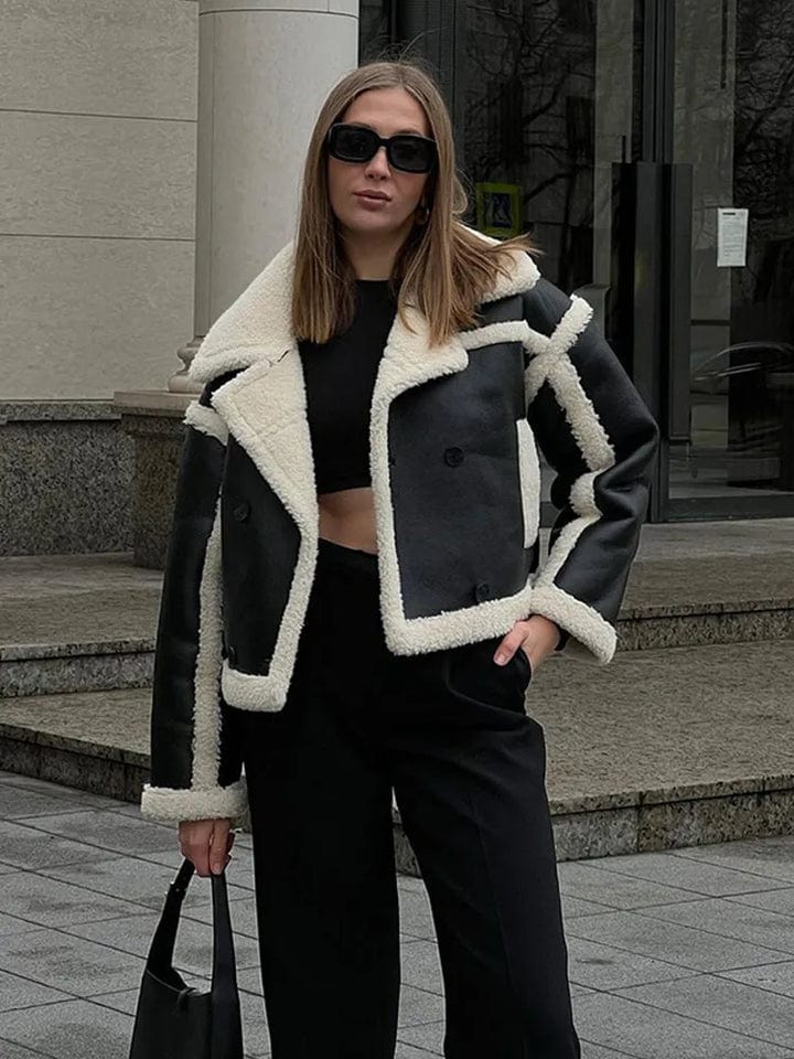 Shearling Jacket with Crop Top and Trousers — All Black Winter Outfits
