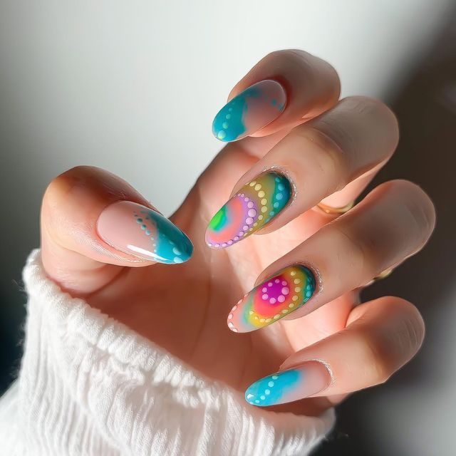 Colorful Gradient Dotted Medium Oval Nails Colorful Gradient Dotted Medium Oval Nails β Holiday Nails 2026