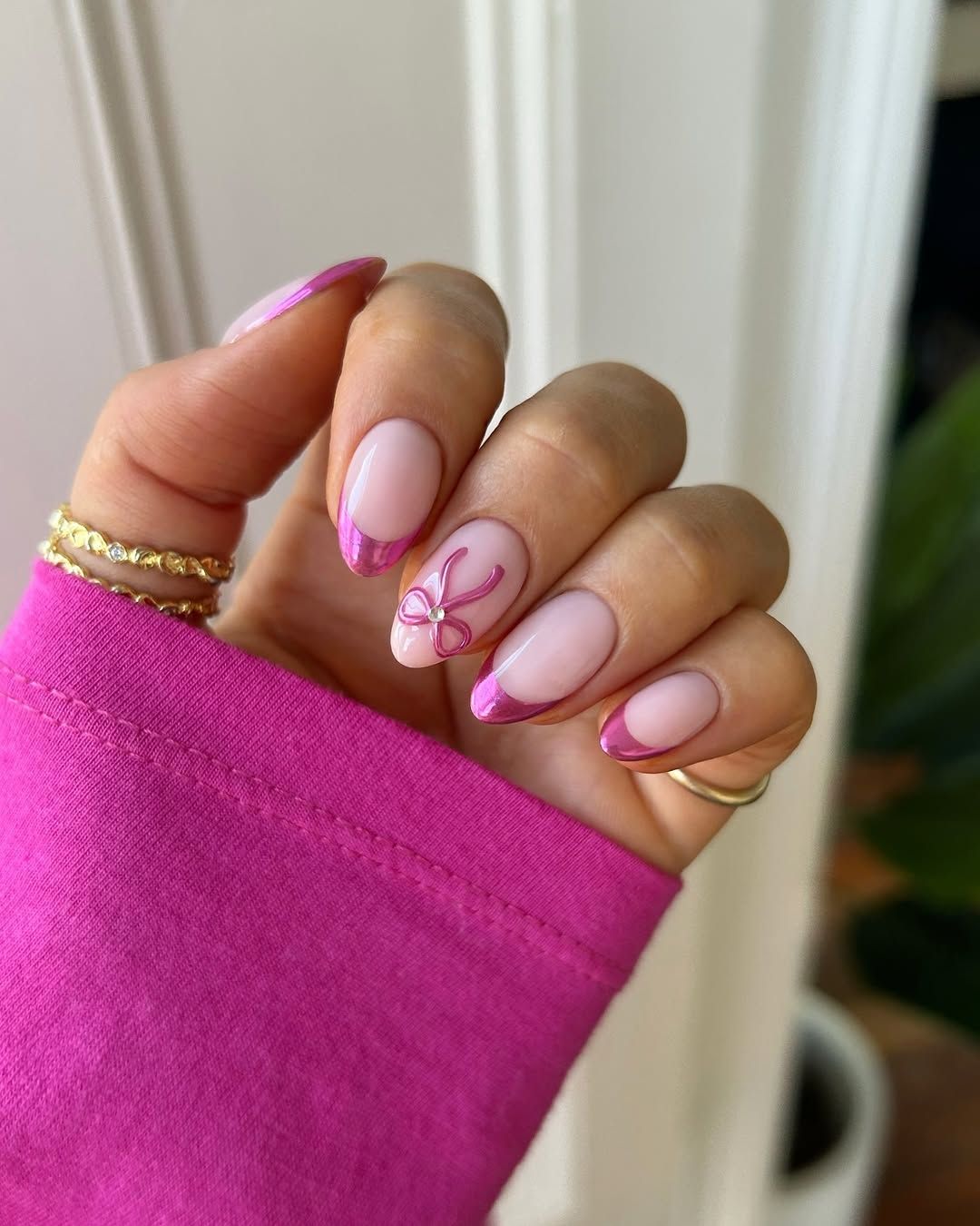Medium Almond Metallic Pink French Bow Medium Almond Metallic Pink French Bow β Winter Pink Nails