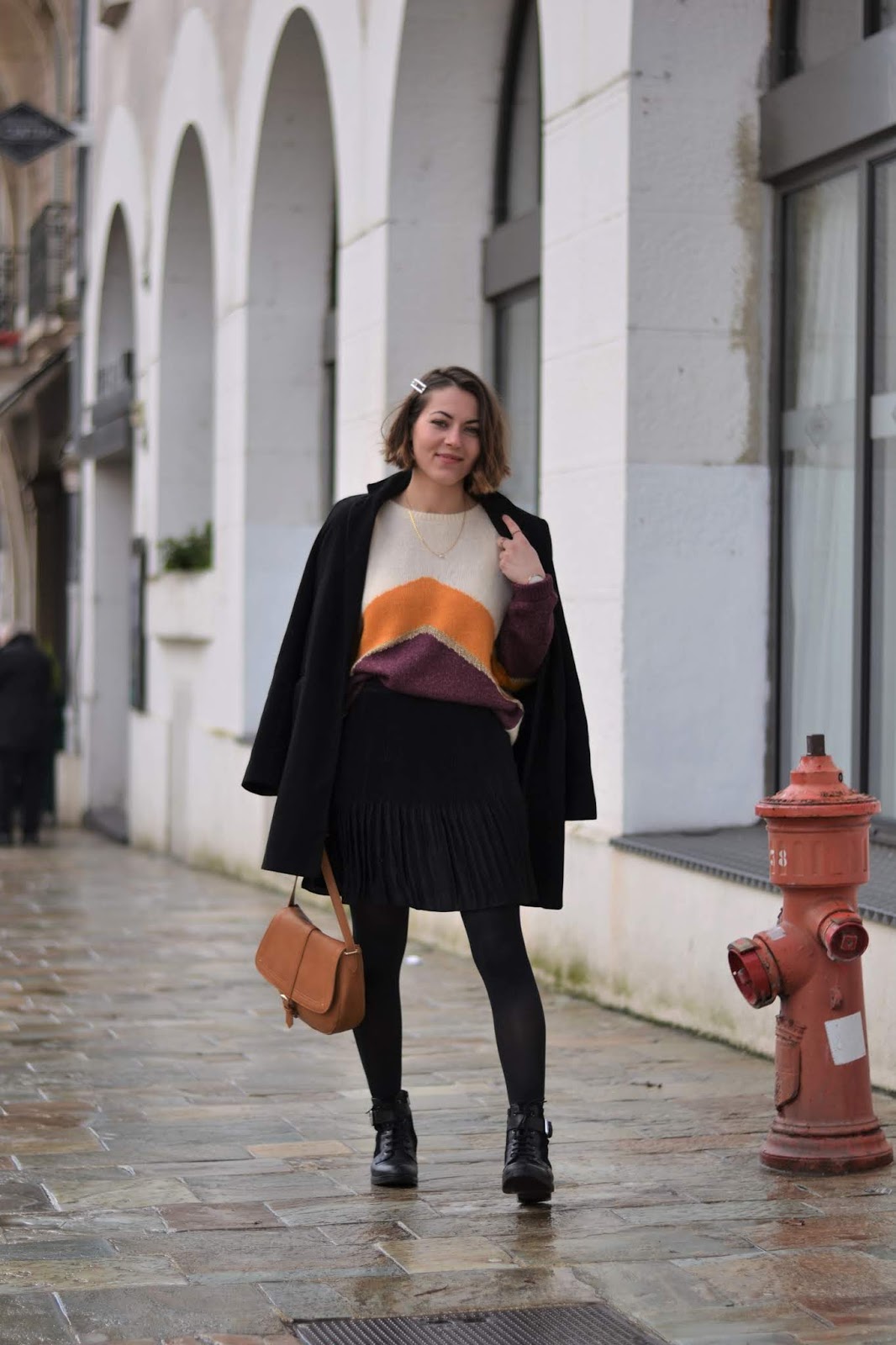 Multicolor Striped Sweater with Black Mini Skirt Multicolor Striped Sweater with Black Mini Skirt β Colorful Winter Outfits