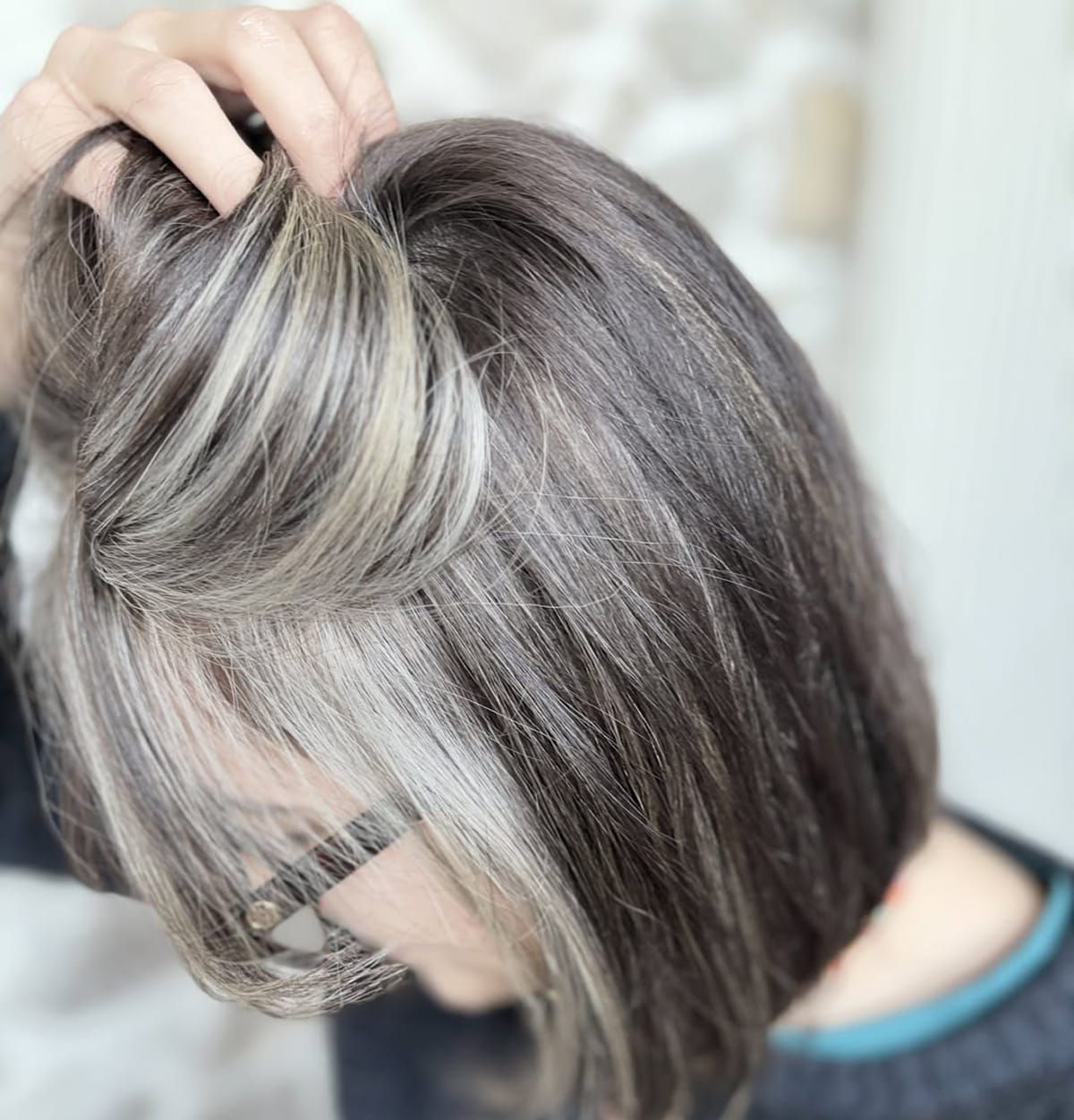 Thick Wavy Bob With Seamless Gray Blend Thick Wavy Bob With Seamless Gray Blend β Gray Blending Highlights