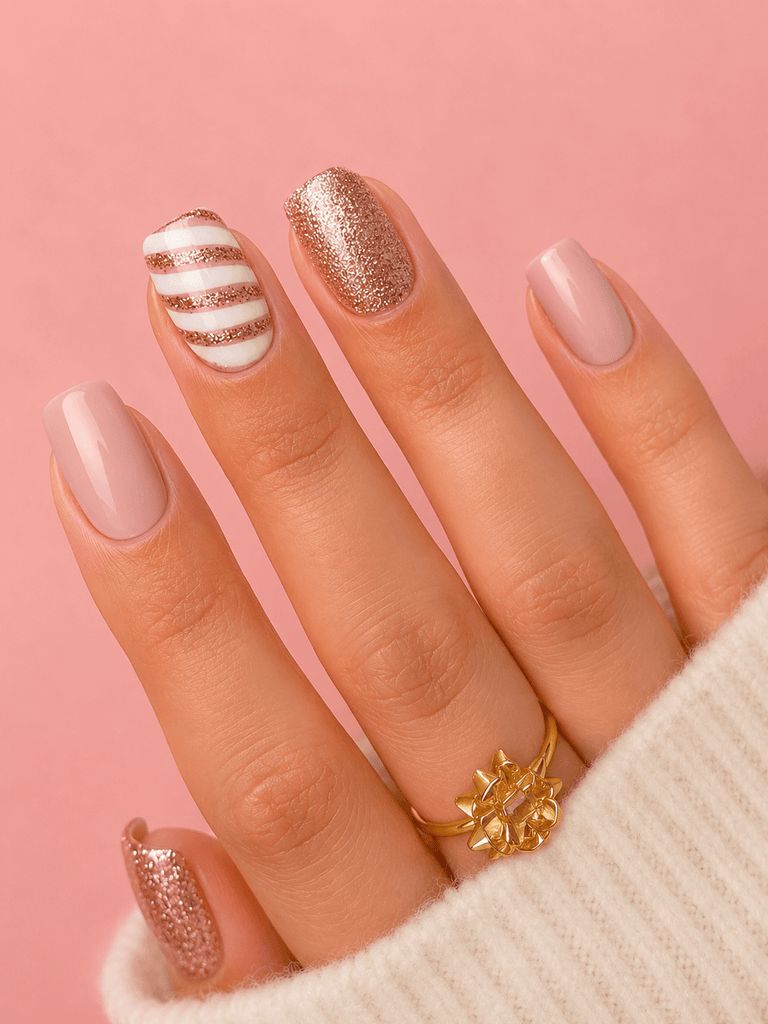 Diagonal Stripes On Accent Nail Visual Idea — Easy Christmas Nails 2026