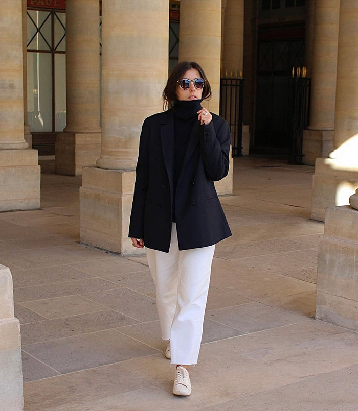 Monochromatic Black and White: Blazer and Turtleneck with White Wide Leg Jeans — Winter Outfits with Wide Leg Jeans