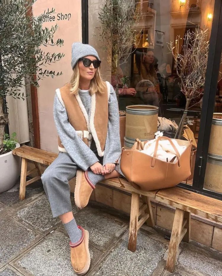 Tan Ugg Slippers with Shearling Vest and Beanie — Ugg Boots Outfits