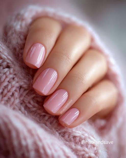 Soft Pink Glossy Square Nails — Short Winter Square Nails