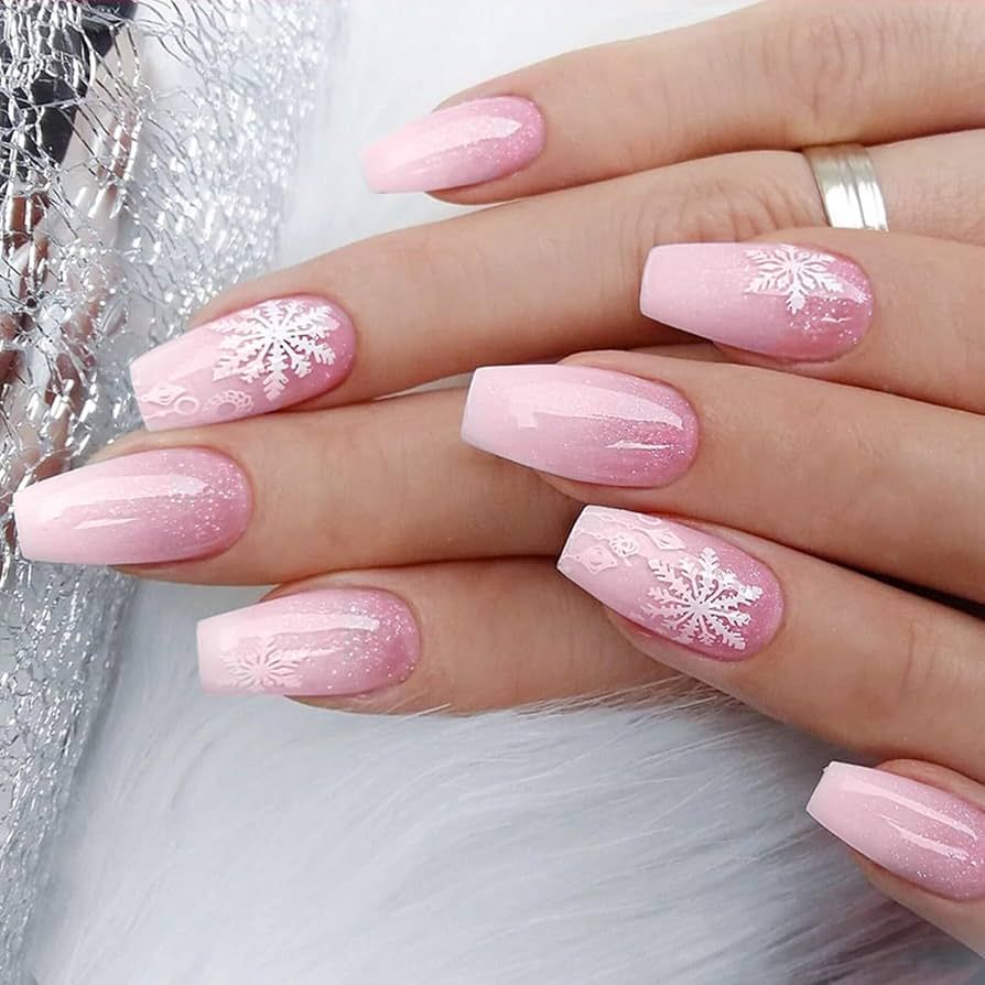 Pale Pink Gradient Snowflake Coffin Nails Pale Pink Gradient Snowflake Coffin Nails β Classy Christmas Nails 2026