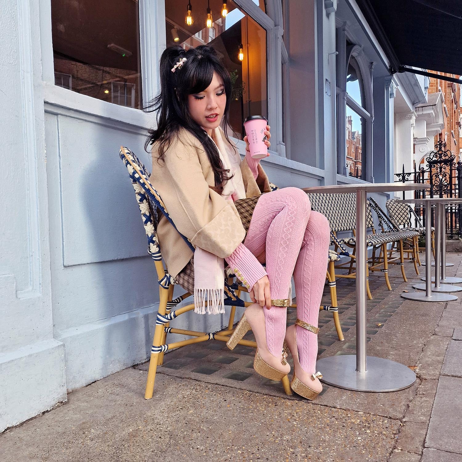 Beige Coat, Pink Sweater, and Plaid Skirt with Chunky Leggings Beige Coat, Pink Sweater, and Plaid Skirt with Chunky Leggings β Preppy Winter Outfits