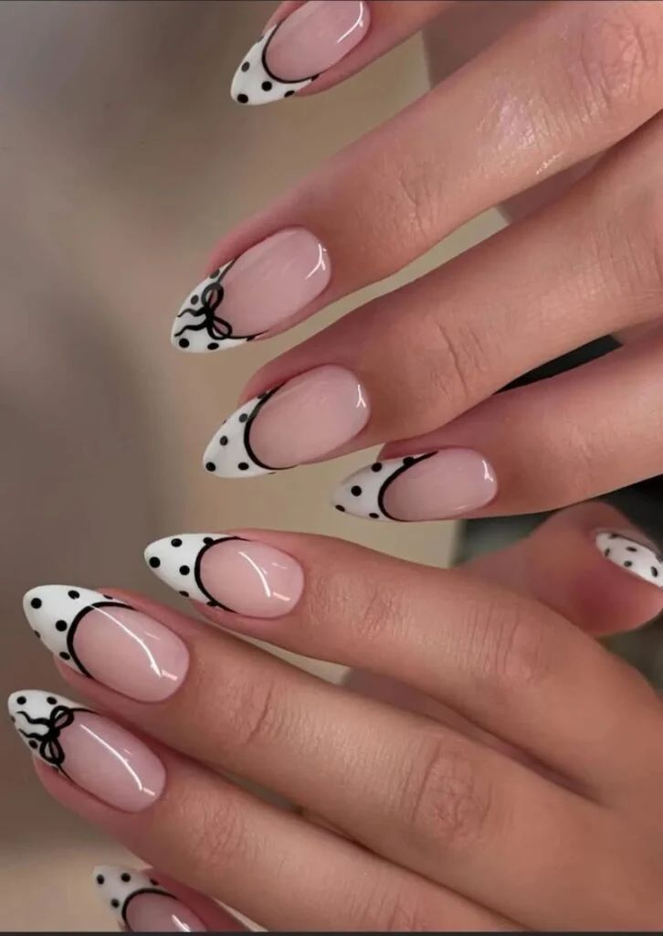 Polka Dot Bow French Medium Almond Nails Polka Dot Bow French Medium Almond Nails β Holiday Nails 2026