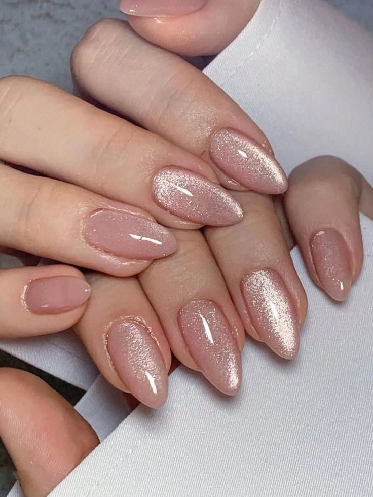 Nude Pink Gloss with Subtle Gold Shimmer Almond Nude Pink Gloss with Subtle Gold Shimmer Almond β Everyday Winter Nails