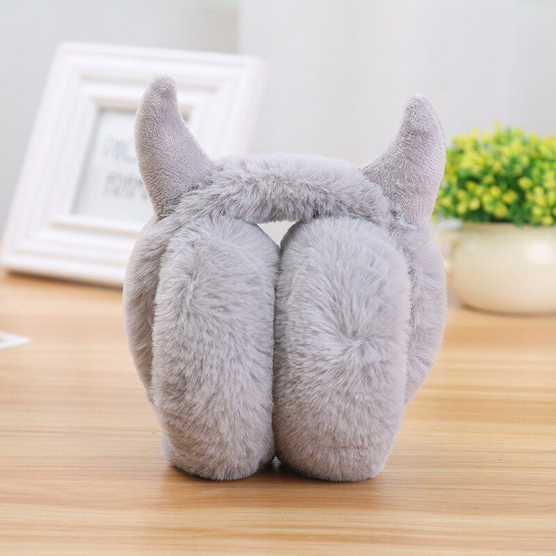 Grey Plush Earmuffs with Decorative Horn Accents — Earmuffs Outfits