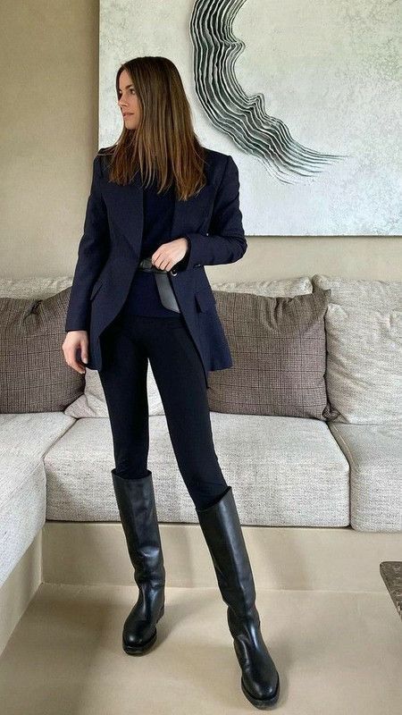 Business Casual Polish: Slim Trousers and Blazer with Riding Boots Business Casual Polish: Slim Trousers and Blazer with Riding Boots โ Riding Boots Outfits