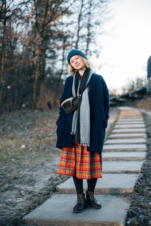 Navy Wool Coat with Red Plaid Midi Dress — Europe Winter Outfits