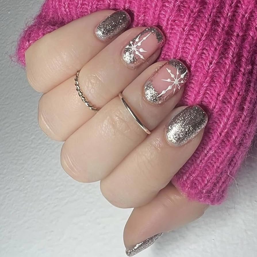 Sheer Pink Snowflake Glitter Nails Sheer Pink Snowflake Glitter Nails β Short Winter Nails