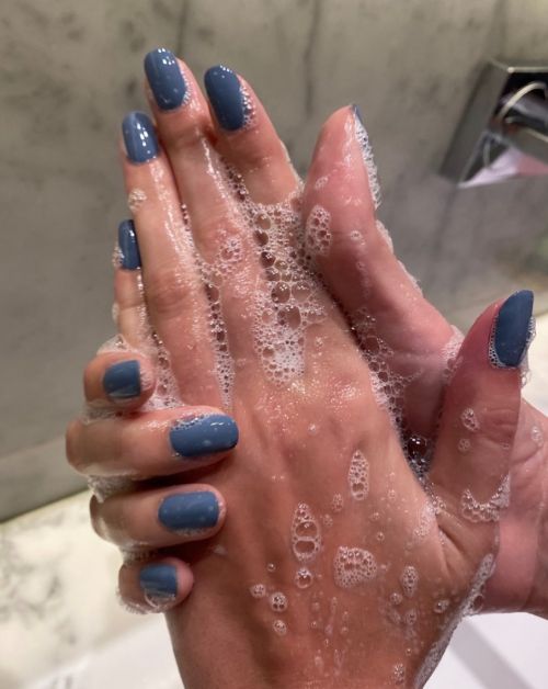 Muted Blue Glossy Medium Square Nails Muted Blue Glossy Medium Square Nails β Winter Gel Nail Colors
