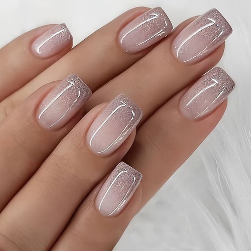 Nude Light Pink Glitter Ombre Square Nails Nude Light Pink Glitter Ombre Square Nails β Medium Length Winter Nails