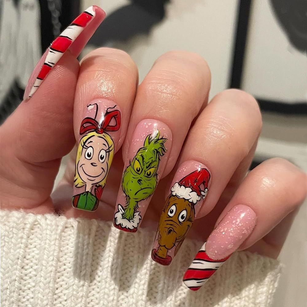 Hand-Painted Grinch Characters and Candy Cane Tips Hand-Painted Grinch Characters and Candy Cane Tips β Grinch Nails 2026