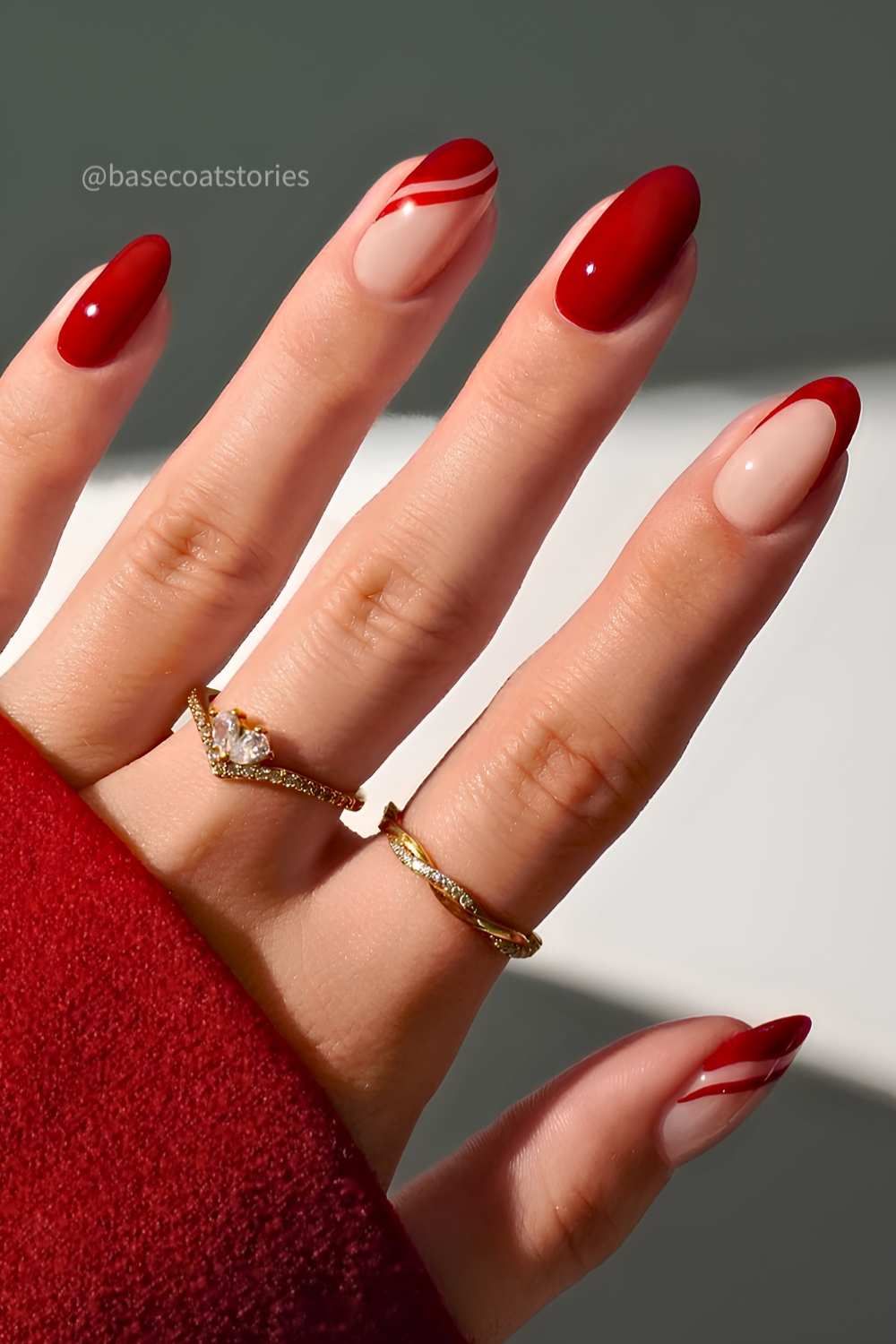 Glossy Red French with White Lines Glossy Red French with White Lines β Winter Red Nails
