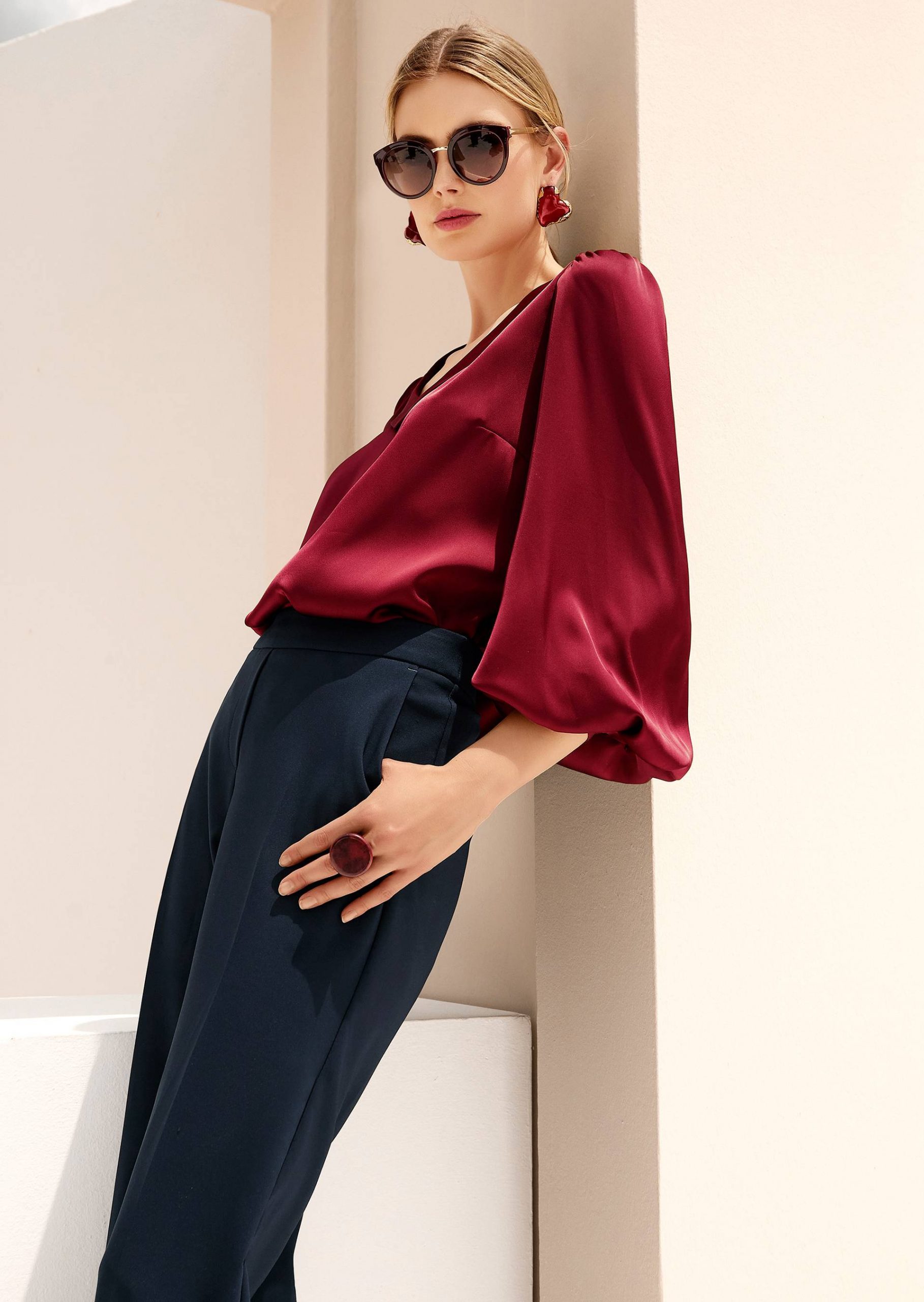 Burgundy Satin Blouse with Voluminous Sleeves and Navy Trousers Burgundy Satin Blouse with Voluminous Sleeves and Navy Trousers β Burgundy Outfits