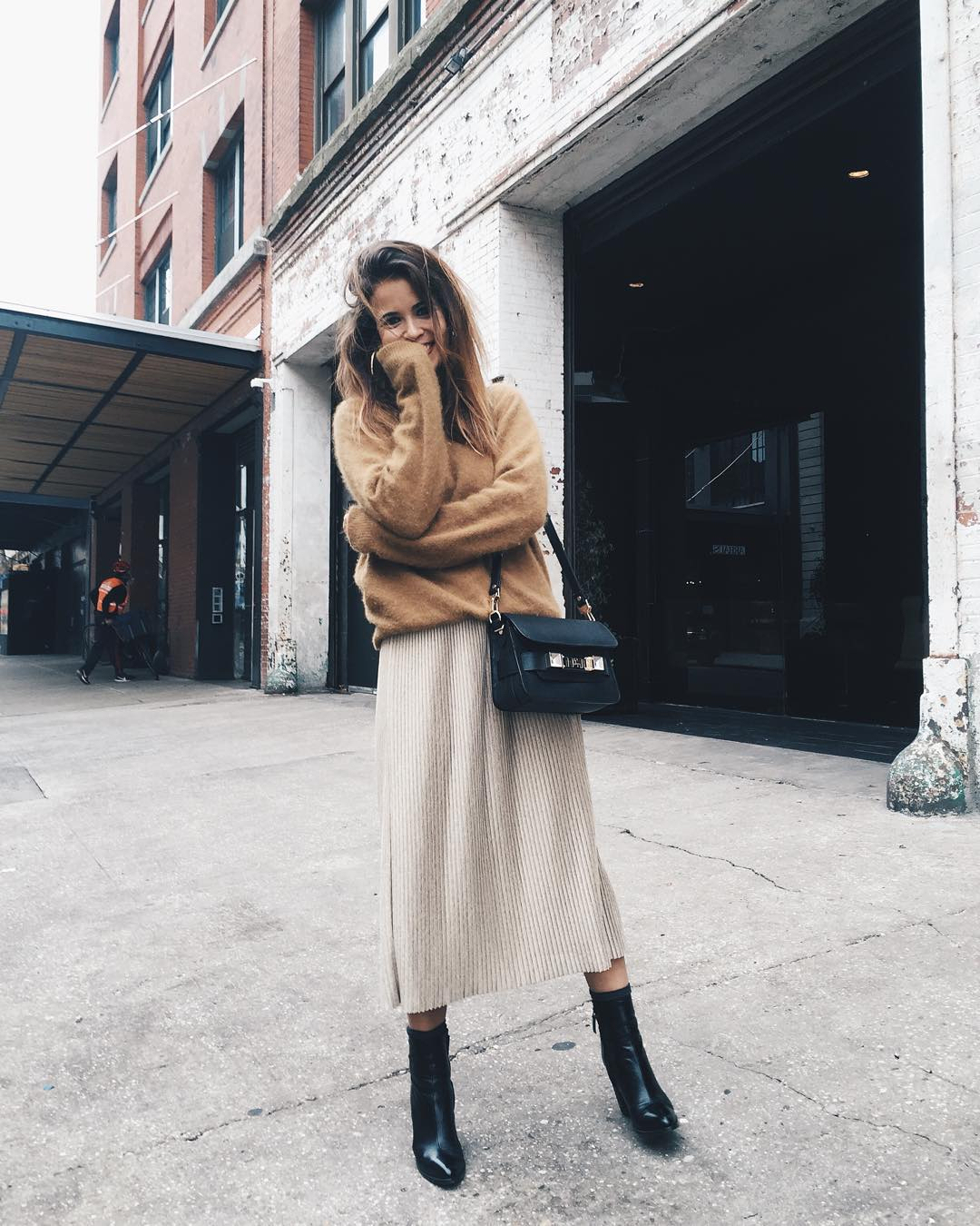Ribbed Knit Maxi Skirt with Oversized Fuzzy Sweater and Ankle Boots — Winter Skirt Outfits