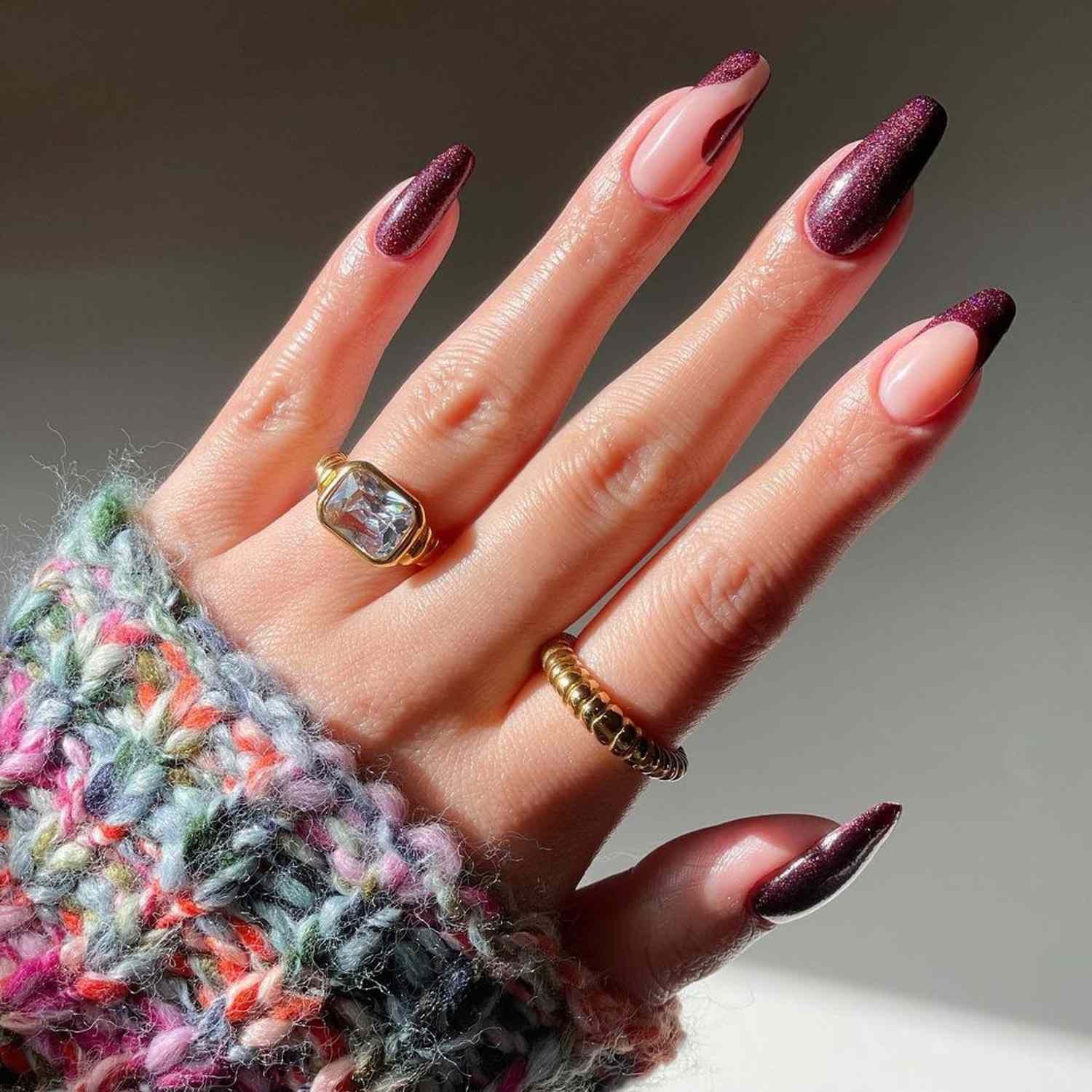Sheer Pink Deep Burgundy With Glitter Visual Idea Sheer Pink Deep Burgundy With Glitter Visual Idea β Dark Winter Nails