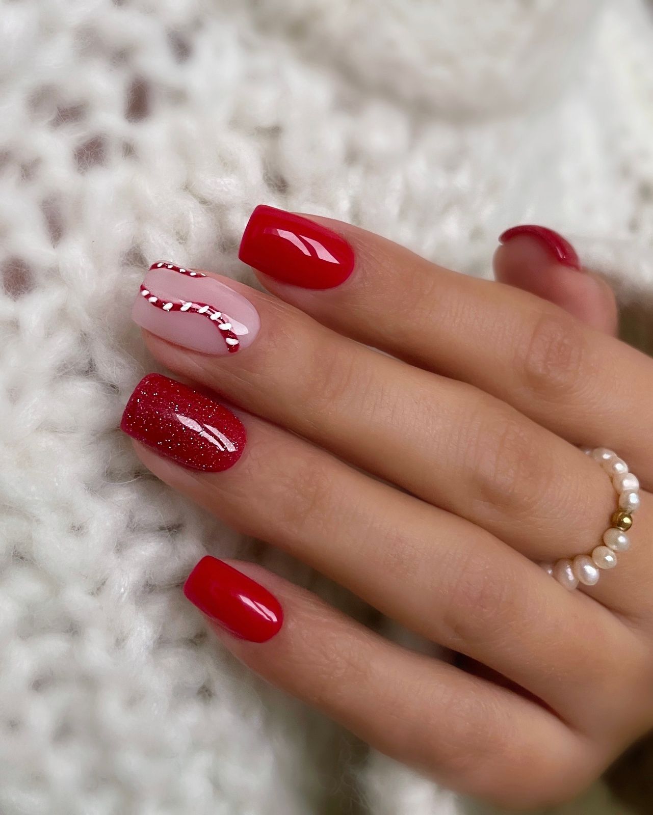 Short Square Red with Candy Cane Accent — Cute Christmas Nails 2026