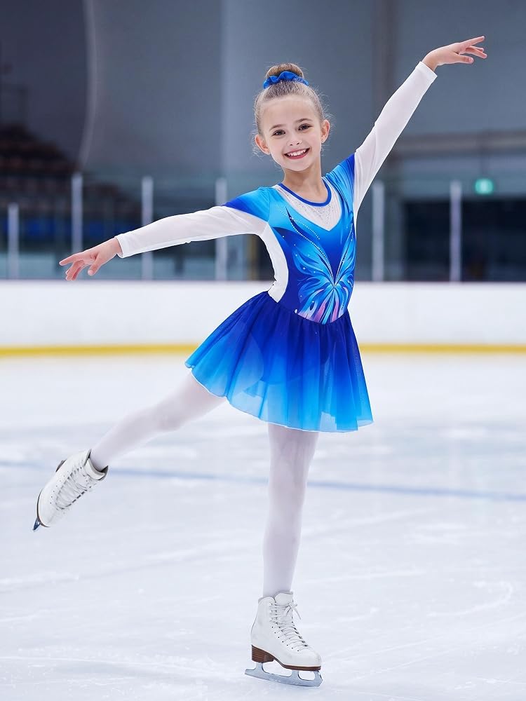 Blue and White Dress with Butterfly Graphic for Young Skaters Blue and White Dress with Butterfly Graphic for Young Skaters β Ice Skating Outfits