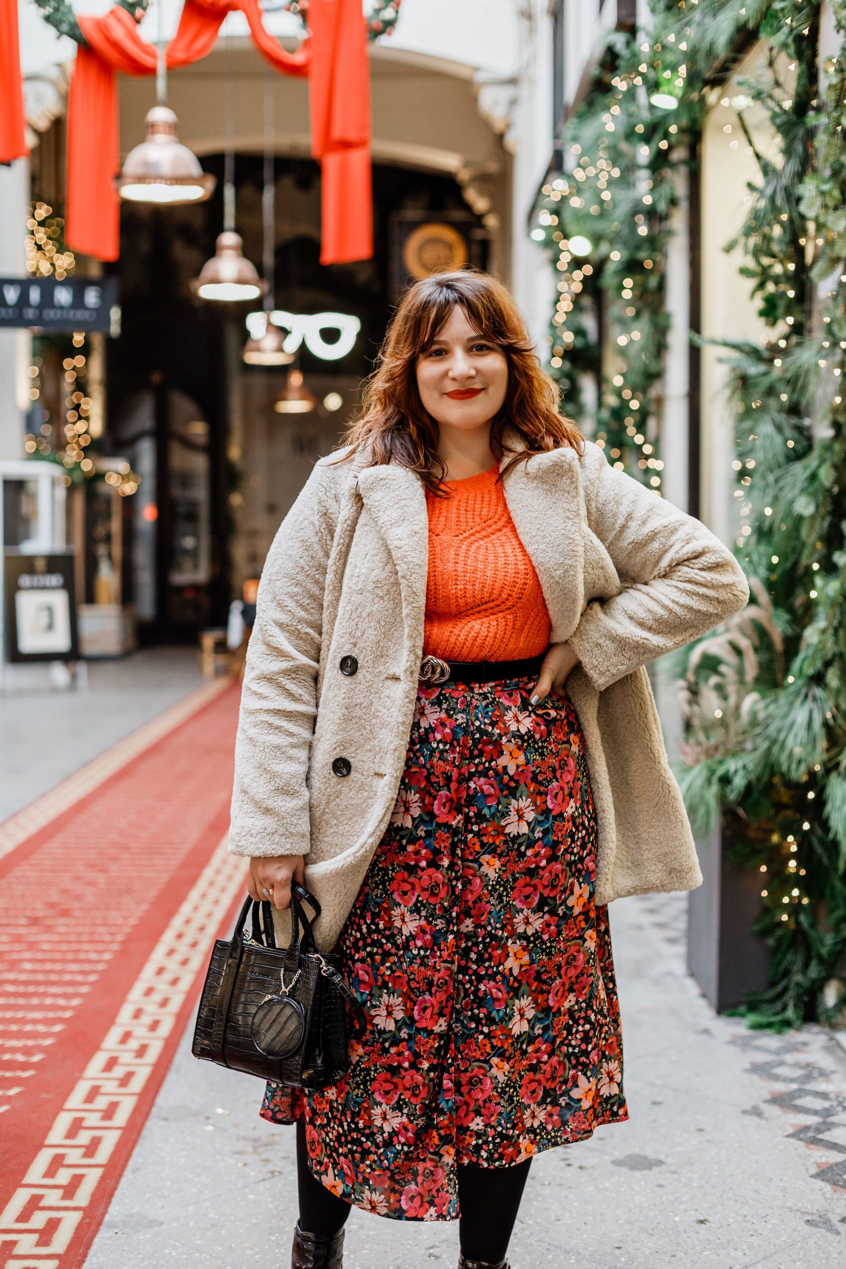 Floral Skirt with Teddy Coat for a Festive Winter Mix Floral Skirt with Teddy Coat for a Festive Winter Mix β December Outfits