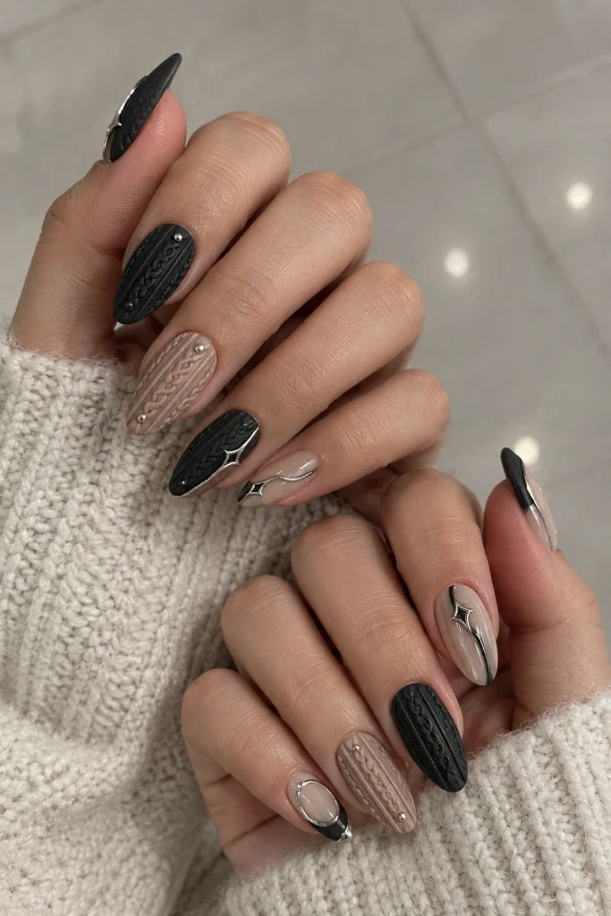 Textured Coffin Nails with Winter Accents Textured Coffin Nails with Winter Accents β Winter Nail Designs