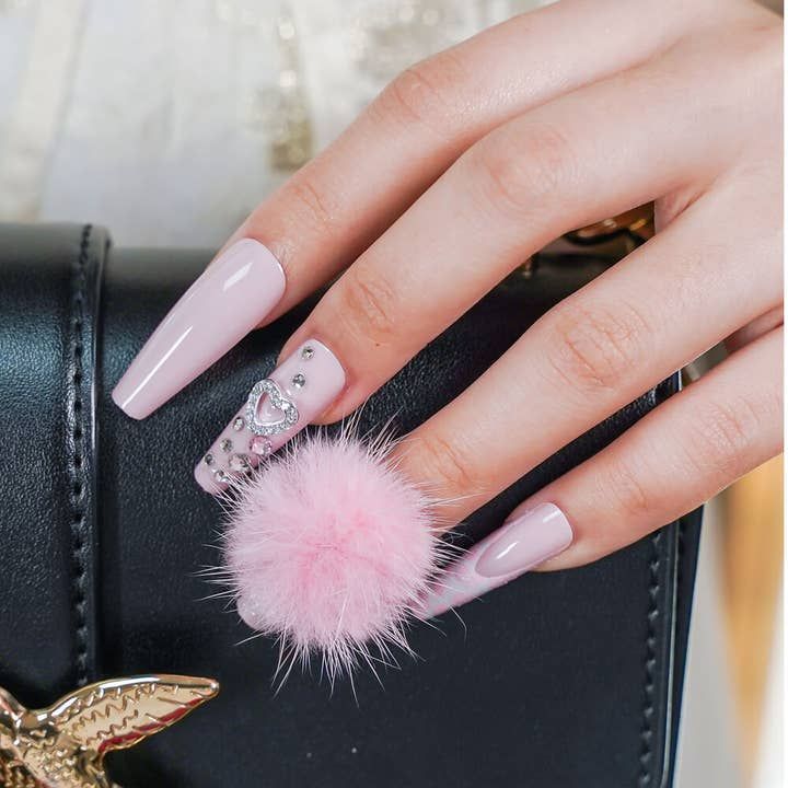 Pale Pink Glitter Coffin Nails with Heart — Long Winter Coffin Nails