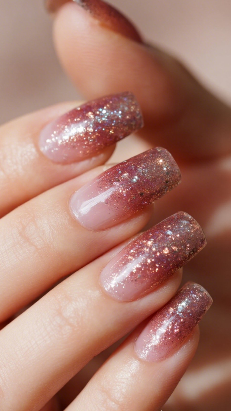 Rose Gold Glitter Ombre Almond Nails Rose Gold Glitter Ombre Almond Nails β Winter Ombre Nails