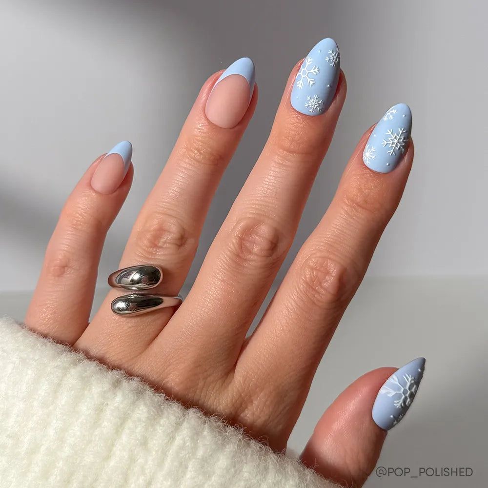 3D Snowflake Matte Almond Nails 3D Snowflake Matte Almond Nails β Short Winter Acrylic Nails