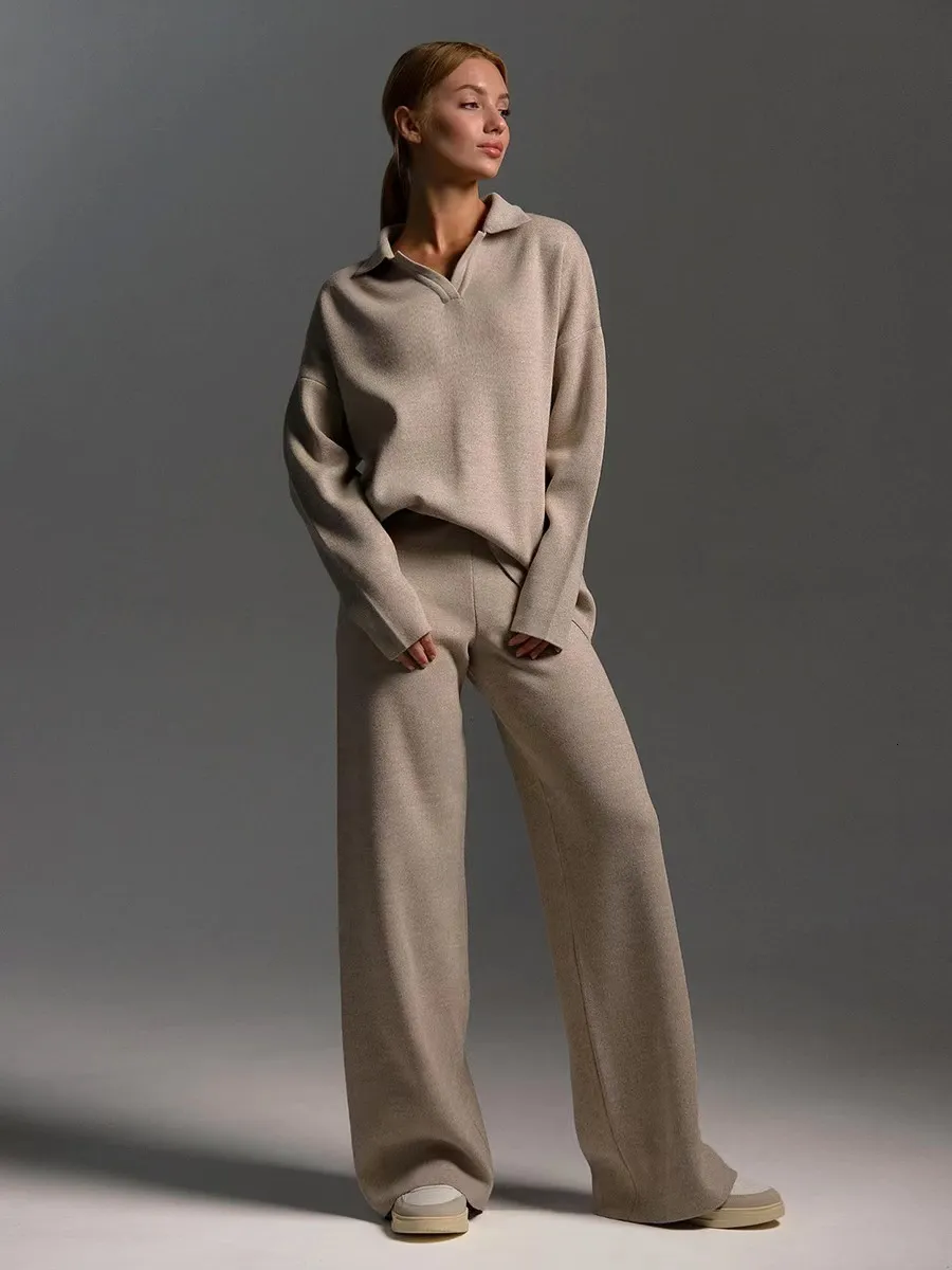 Beige Knit Set with Collared Sweater and Wide-Leg Pants Beige Knit Set with Collared Sweater and Wide-Leg Pants โ Knit Set Outfits