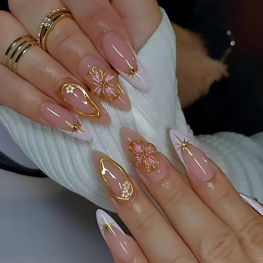 3D Floral Gold Accent Almond Nails 3D Floral Gold Accent Almond Nails β Holiday Party Nails 2026